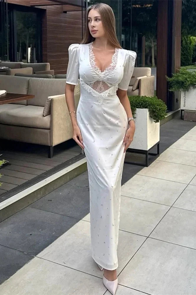 Hollow Out V-Neck Lace Slim Patchwork Maxi Dress