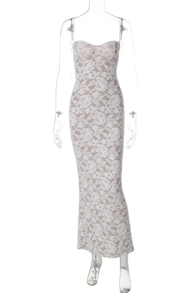 Lace Printed See-Through Slim Backless Maxi Dress
