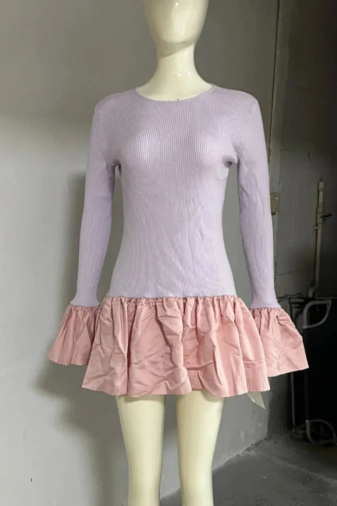 Long Flare Sleeve Patchwork O-Neck A-line Mini Dress