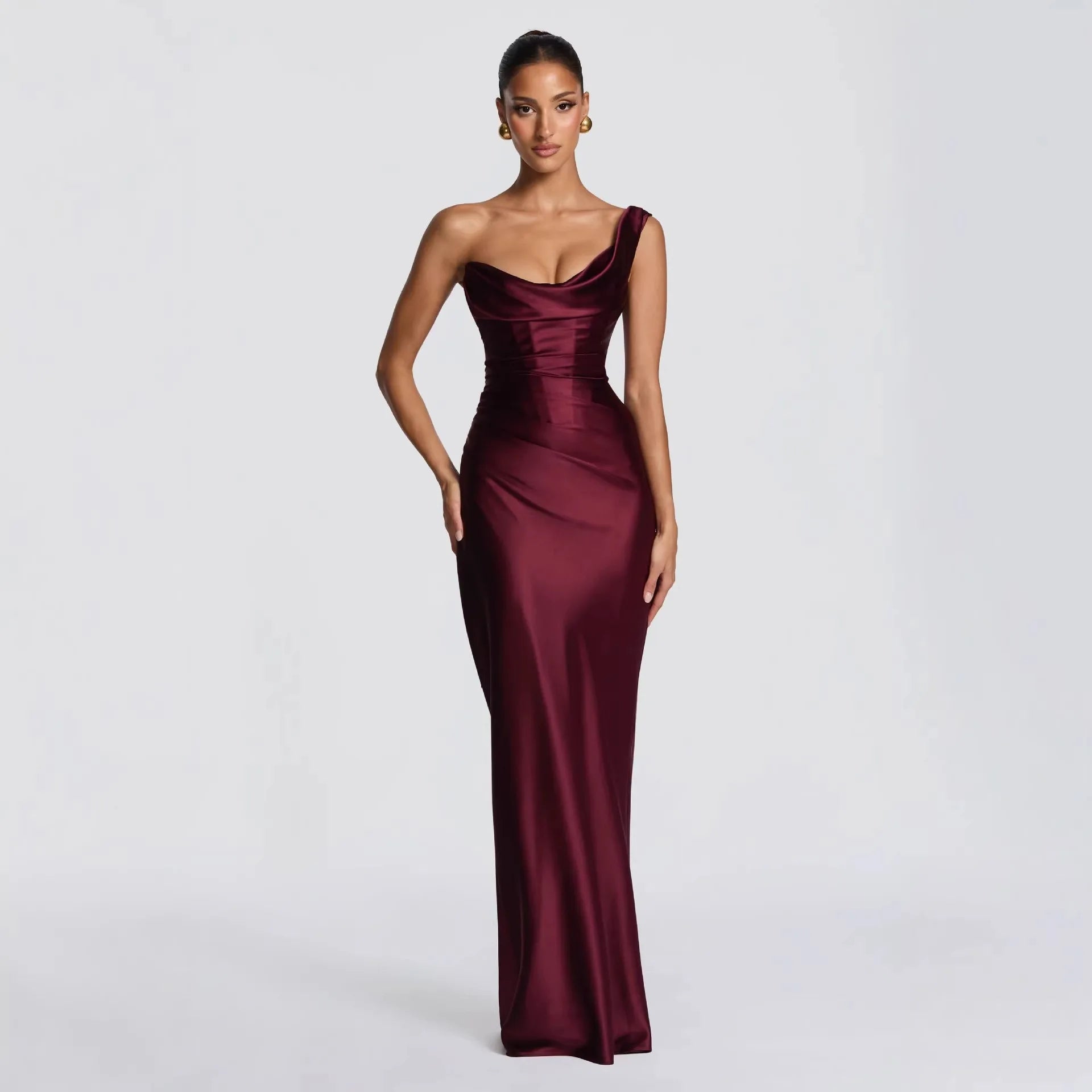 One Shoulder Sleeveless Pleated Lace-Up Maxi Dress