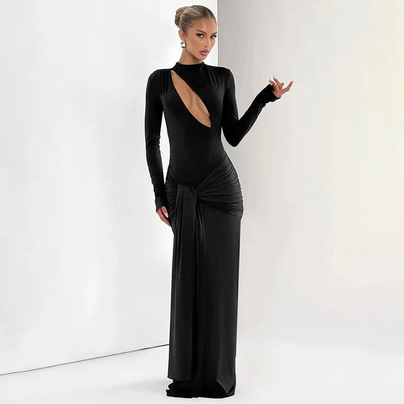 Hollow Out Slim Long Sleeves Maxi Dress
