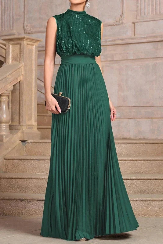 Sleeveless Pleated High Waist O-Neck Maxi Dress