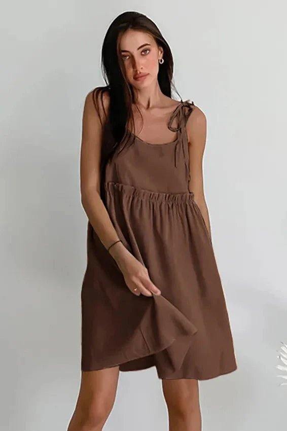 Spaghetti Strap Loose Cotton Lace Up Mini Dress