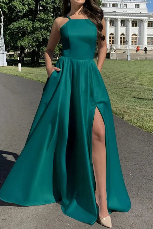 Sleeveless Slim High Waist Pleat Square Collar Maxi Dress