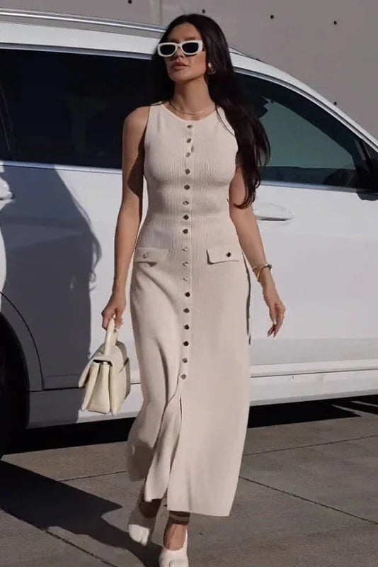 Elegant Knitted Sleeveless Button Bodycon Midi Dress