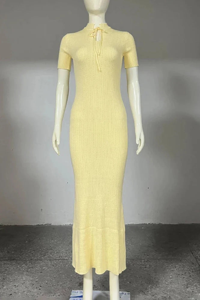 Hollow-Out Short Sleeve Knitted Slim High Waist Maxi Dress