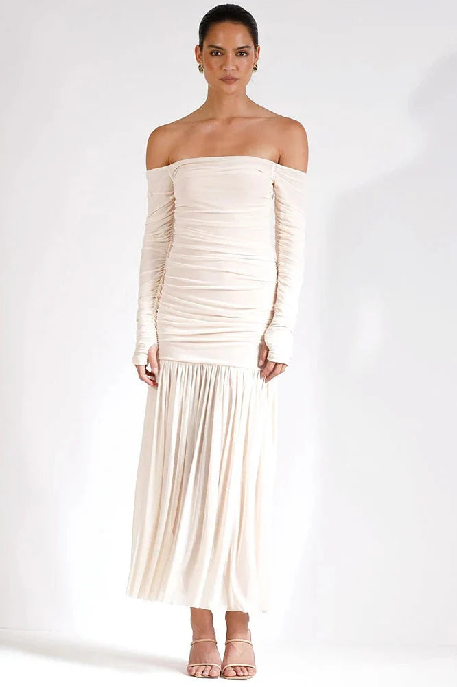 Off-Shoulder Strapless Patchwork Backless Long Sleeve Pleated Maxi Dress