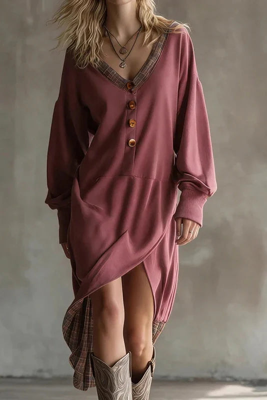 Long Sleeve V-Neck Button Split High Waist Irregular Midi Dress