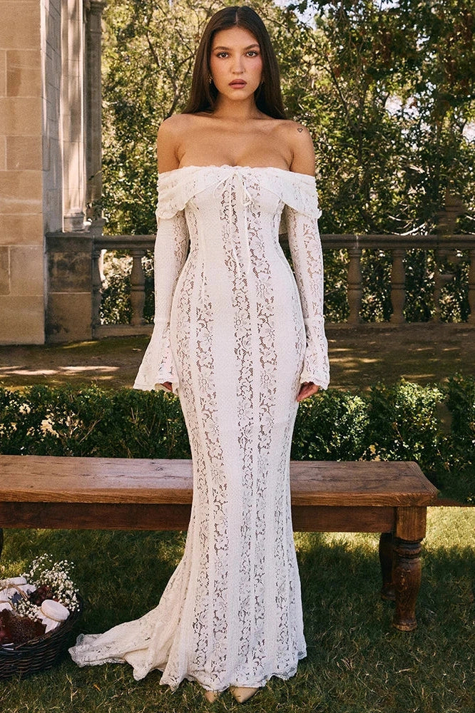 Lace Off-Shoulder Strapless Backless Long Sleeve Maxi Dress