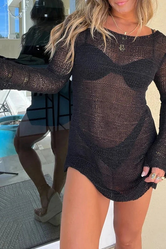 Hollow Out Long Sleeve Loose Mini Dress