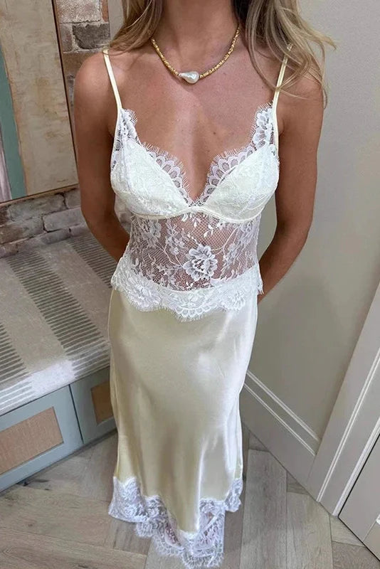 See-Through Slim Sleeveless Backless Pleated Lace Maxi Dress
