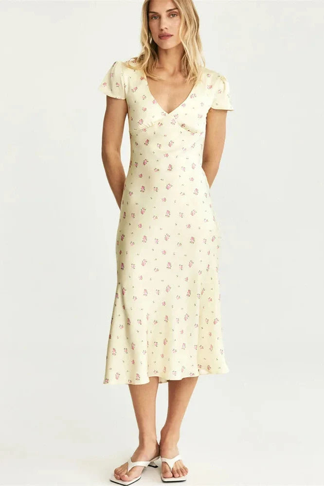 V-Neck Printed High Waist Slim Midi Dress