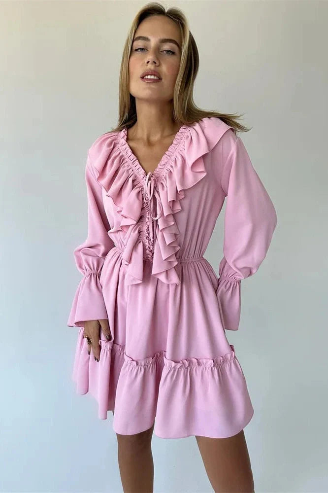 V-Neck Patchwork Long Sleeve High Waist Lace-Up Mini Dress