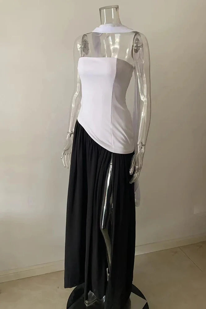 Elegant Slim Lace Up Strapless Irregular Maxi Dress