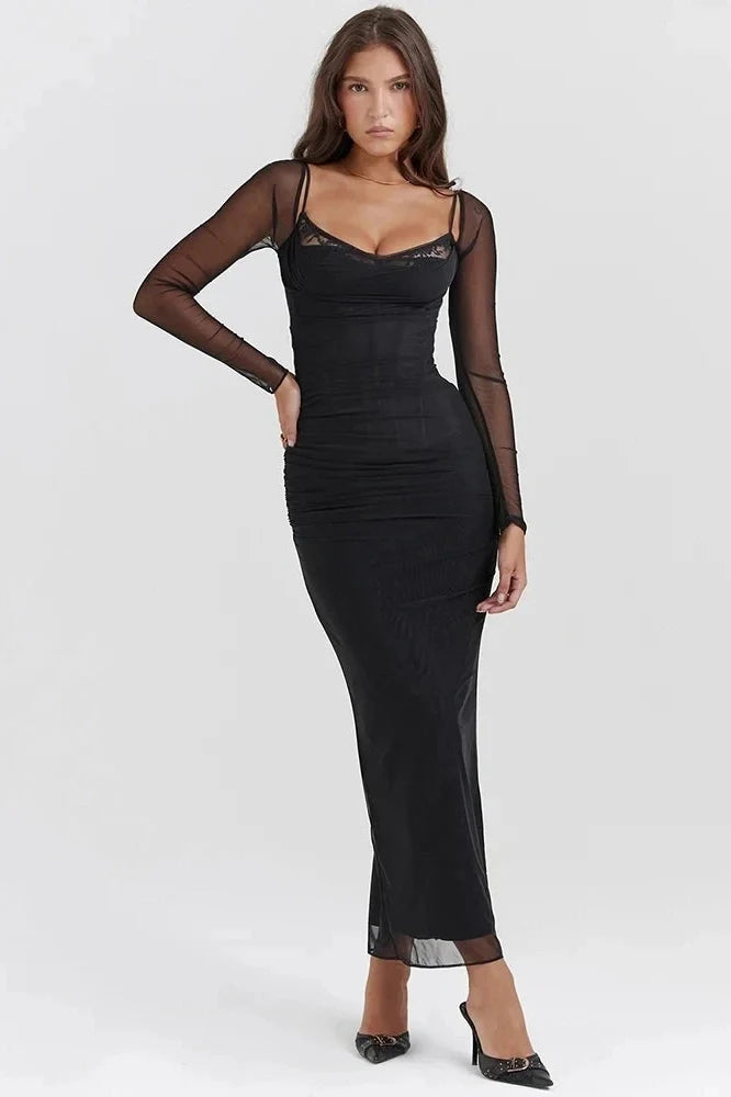 Elegant Sheer Long Sleeve Strapless Backless Maxi Dress