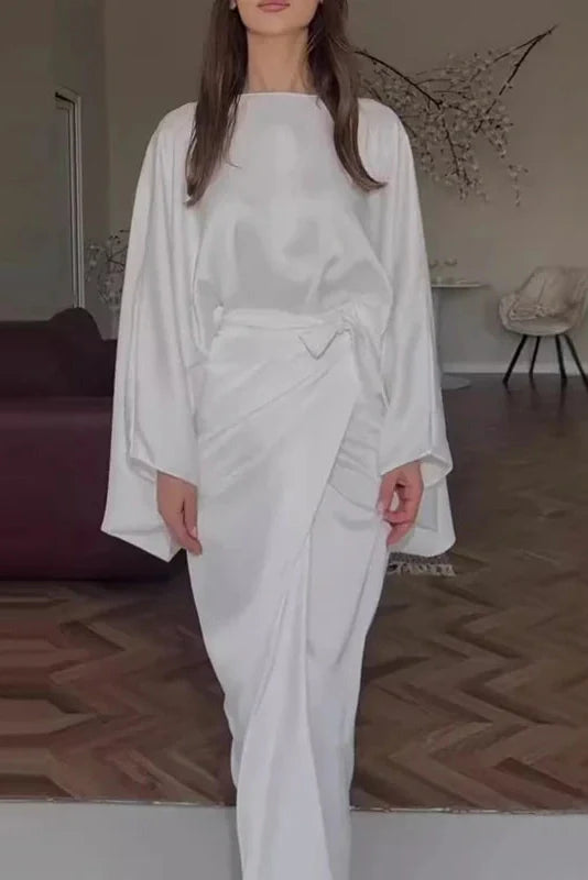 Elegant Tie-up Waisted O Neck Sleeves Maxi Dress