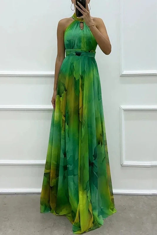 Hollow Out Printed Sleeveless High Waist Maxi Dress