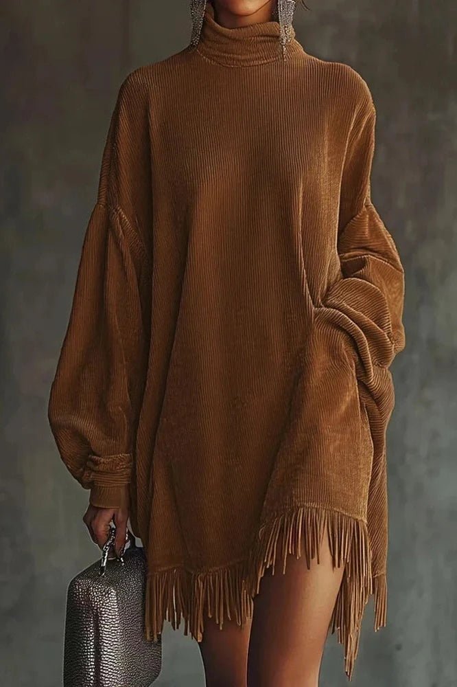 Elegant High Waist Long Sleeve High Collar Loose Mini Dress