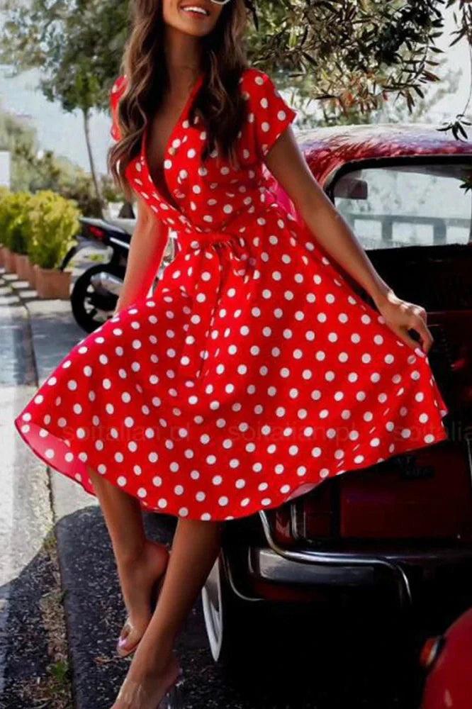 Polka Dot Print V-Neck Button Lace-up Slim A-Line Midi Dress