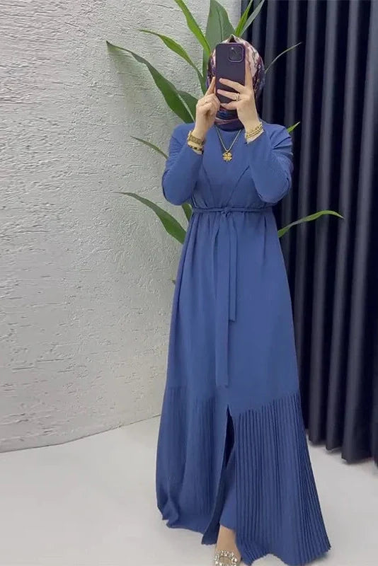 Elegant O-Neck Long Sleeve High Waist Pleated Maxi Dress