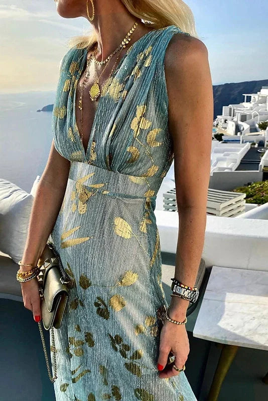 Hollow High Waist Printed Sleeveless Deep V Neck Maxi Dress