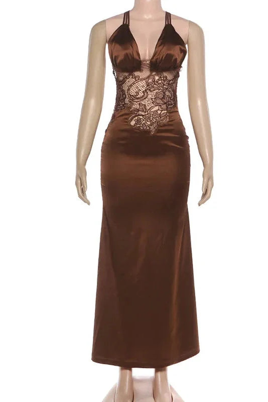 Elegant Lace Deep V-Neck Slim Backless High-Waisted Maxi Dress
