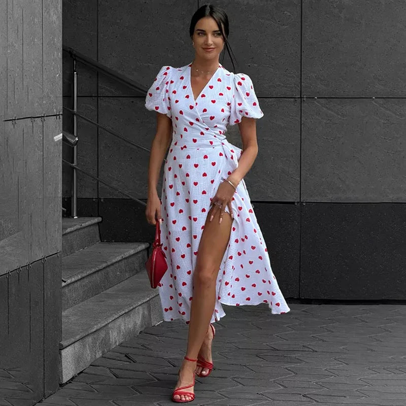 Printed V Neck High Waist Lace Up Midi Dress