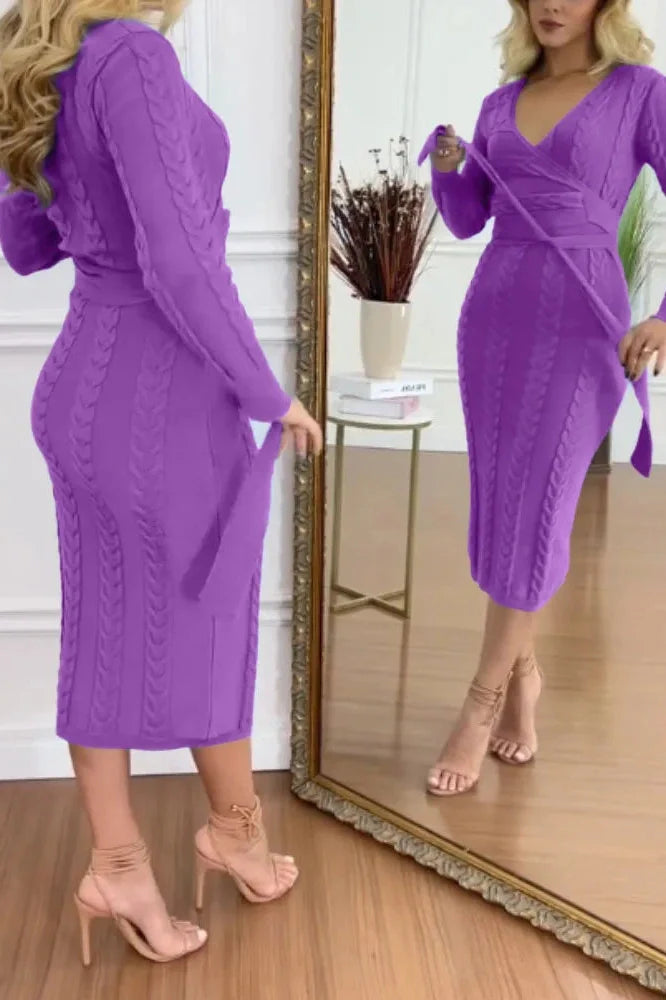 Long Sleeve Slim High Waist V-Neck Midi Dress