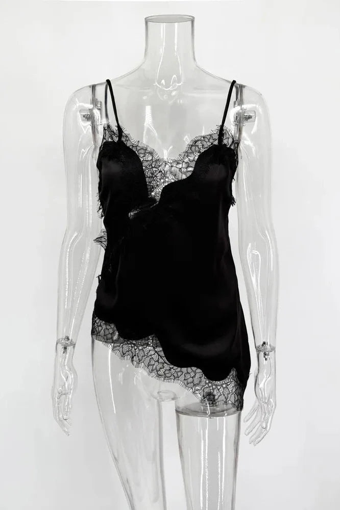Lace Backless Patchwork V-Neck Slim Bodycon Mini Dress