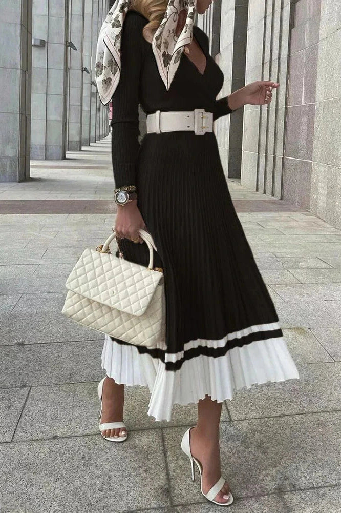 V-Neck Knitted A-Line Patchwork Midi Dress