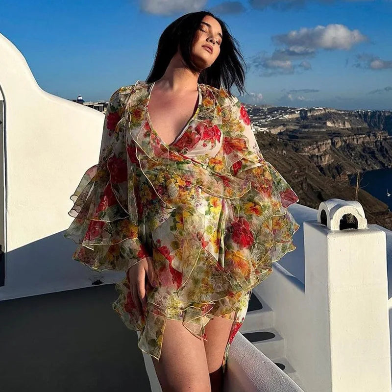 Printed V Neck Slim High Waist Mini Dress