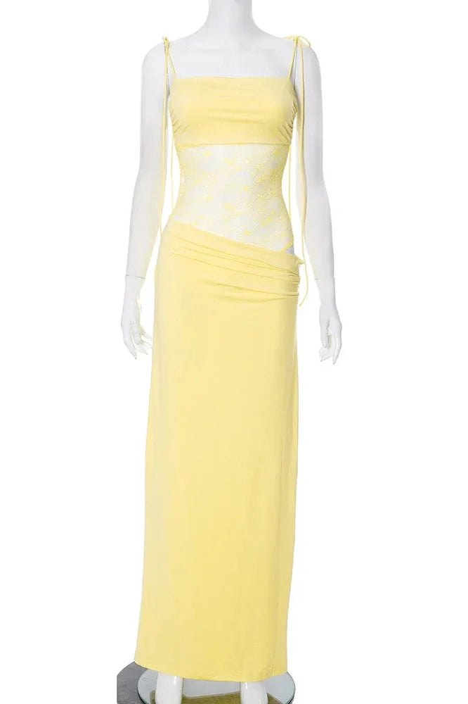 Hollow Out Lace Spaghetti Strap Lace Up Waist Slim Sleeveless Maxi Dress