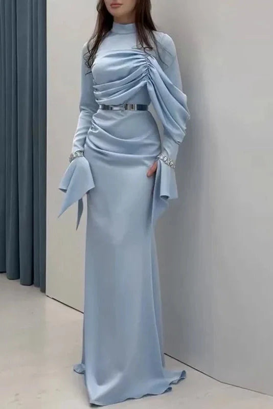 Pleated Slim Long Sleeve High Waist Irregular Maxi Dress