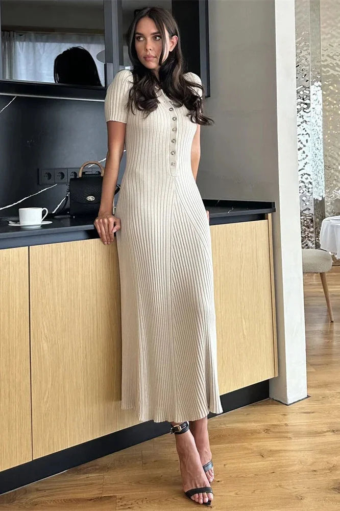 Deep V Neck Slim Short Sleeve Knitted Bodycon Maxi Dress