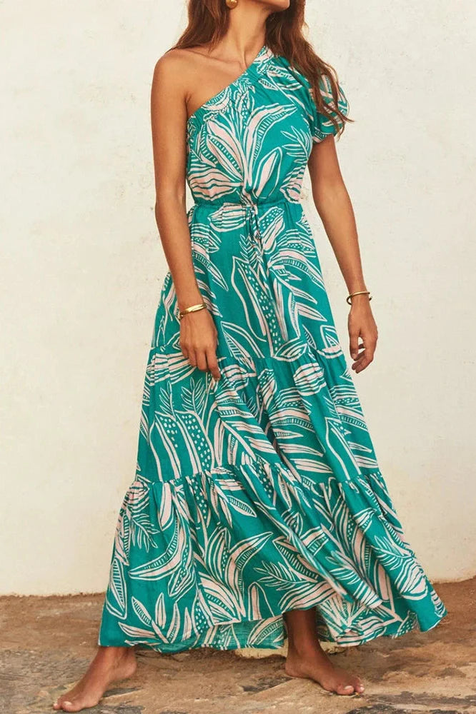 Printed High Waist Pleated One-Shoulder Sleeve Maxi Dress