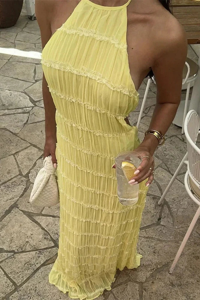 Patchwork Lace-Up Backless High Waist Maxi Dress