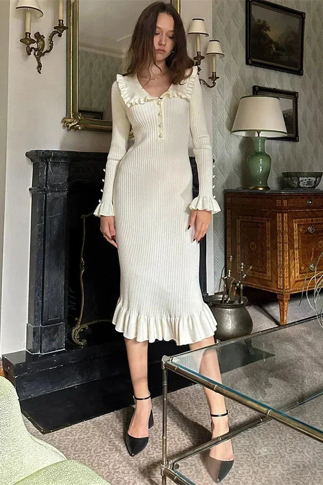 Patchwork Knit Long Sleeve Slim Midi Dress