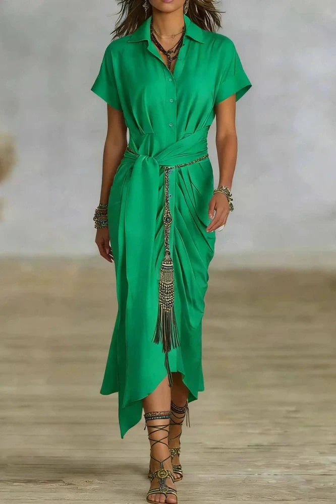 Elegant Pleated Lace Up Short Sleeve Midi Dress