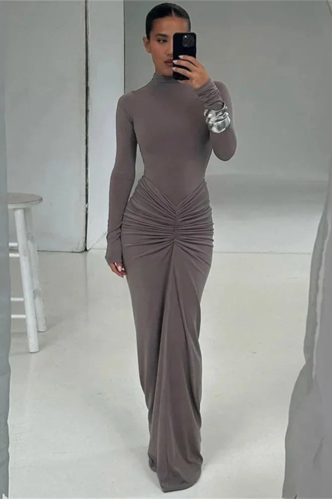 Pleated Patchwork High Waist Long Sleeve Slim Maxi Dress