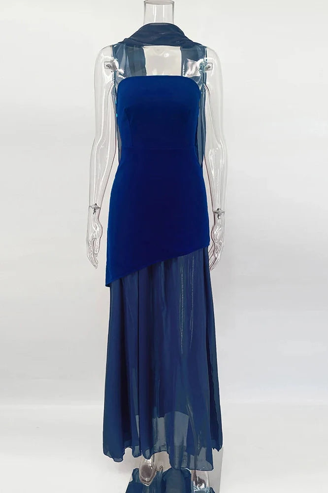 Elegant Strapless Slit Sleeveless Mesh Maxi Dress