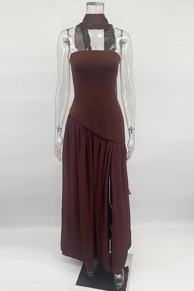 Elegant Slim Lace Up Strapless Irregular Maxi Dress