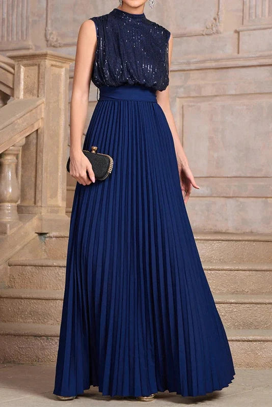 Sleeveless Pleated High Waist O-Neck Maxi Dress