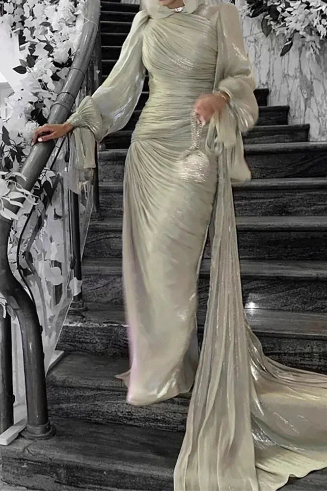 Elegant Long Sleeve High Waist Pleated Slim Maxi Dress