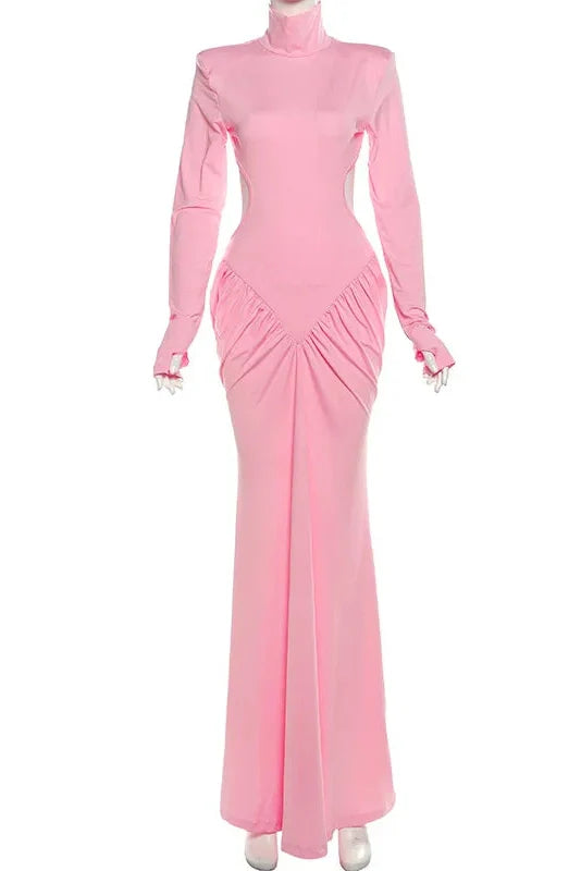 Elegant Backless Turtleneck Long Sleeve Maxi Dress