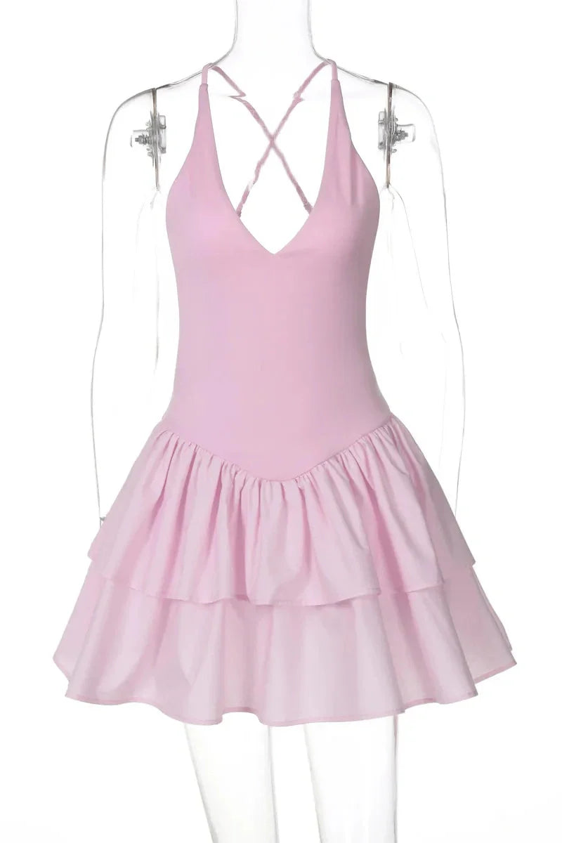 Elegant High Waist V-Neck Backless A-Line Mini Dress