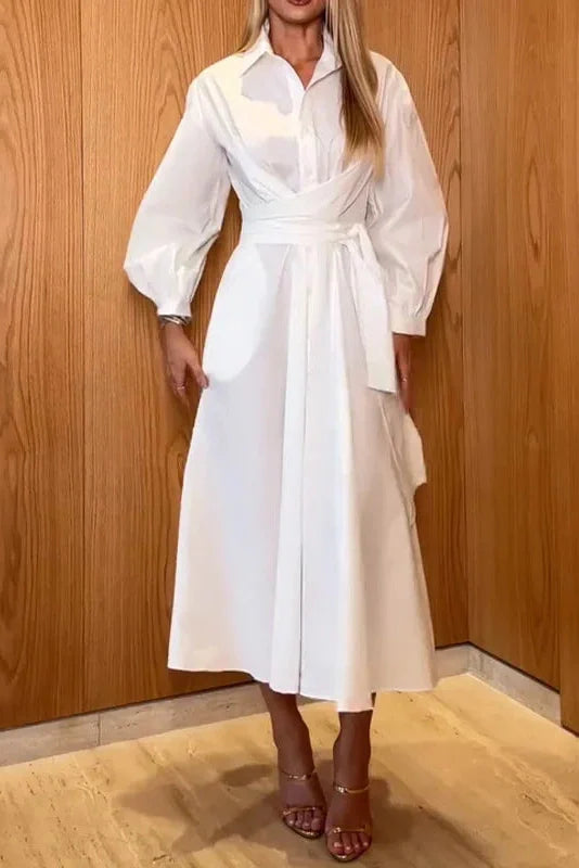 Elegant Single Breasted Long Sleeve Tie-Up Midi Dress