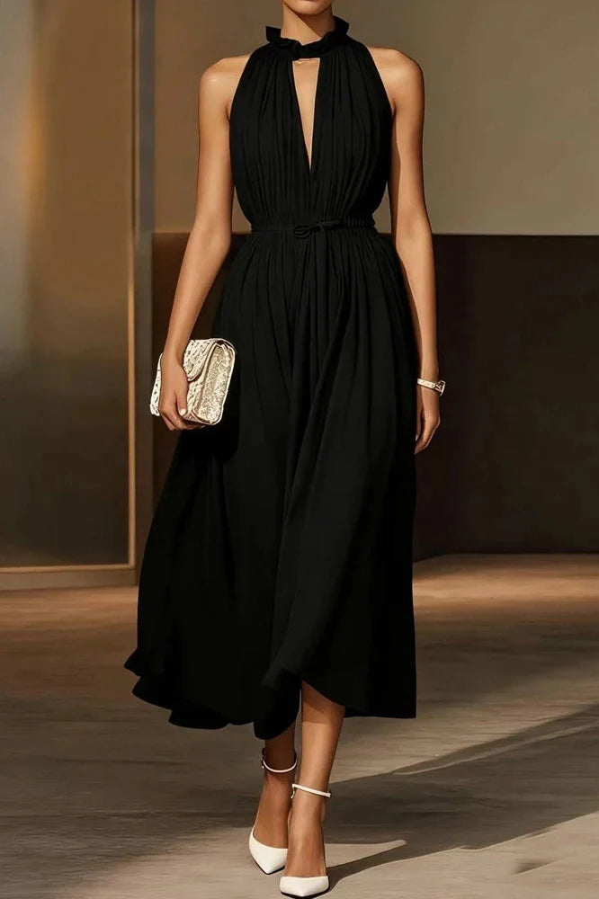Elegant Off-Shoulder Sleeveless High Waist Backless Pleated Midi Dress