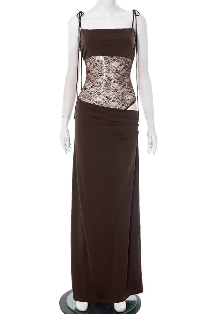 Hollow Out Lace Spaghetti Strap Lace Up Waist Slim Sleeveless Maxi Dress