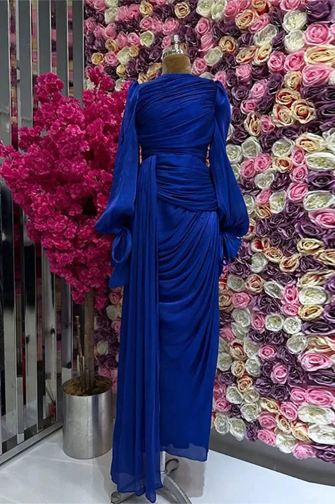 Elegant Long Sleeve High Waist Pleated Slim Maxi Dress