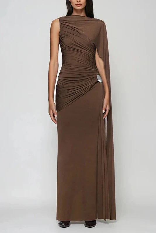 Elegant Slim Pleated High Waist Sleeveless Irregular Maxi Dress